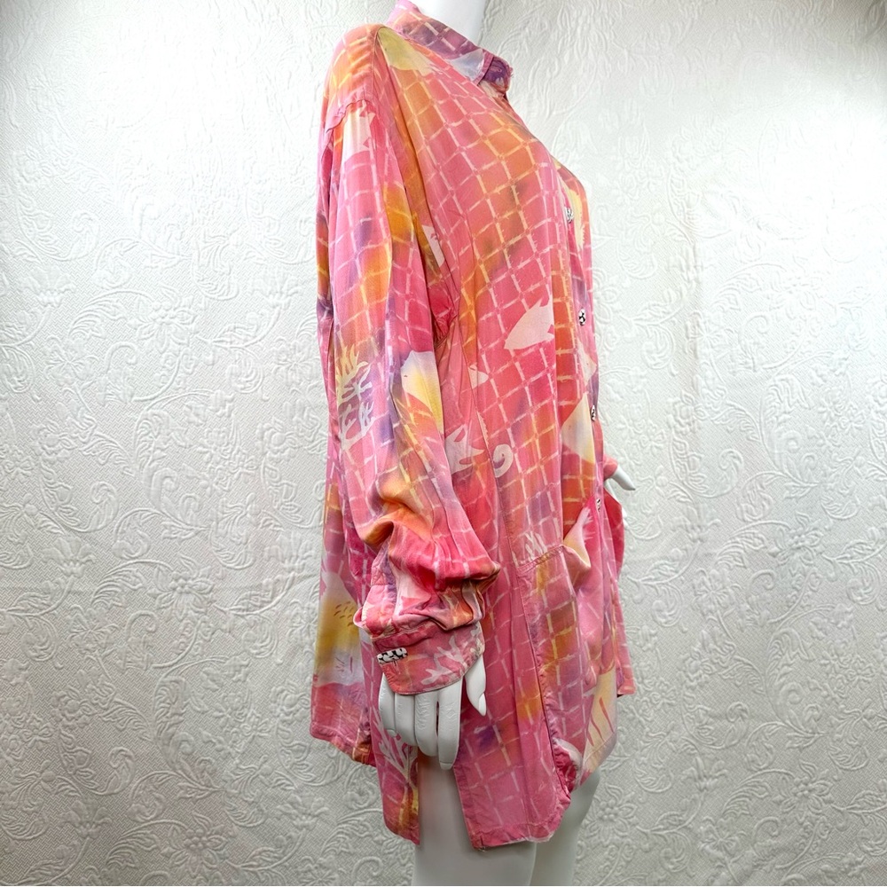 Paul M Ropp 70s VTG Oversized Batik Button Down Fish Tunic - Picture 4 of 15